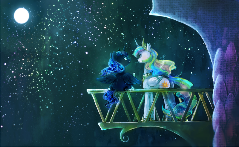 Size: 1464x900 | Tagged: safe, artist:chi-hayu, derpibooru import, princess celestia, princess luna, alicorn, pony, balcony, canterlot, female, mare, moon, night, night sky, royal sisters, scenery, sisters, sitting, sparkly, stars