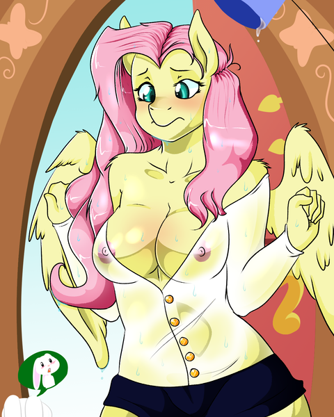 Size: 1200x1500 | Tagged: angel bunny, anthro, artist:mrscurlystyles, artist:theecchiqueen, blushing, breasts, busty fluttershy, collaboration, derpibooru import, female, fluttershy, nipples, nudity, questionable, see-through, wet shirt