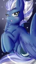 Size: 1024x1820 | Tagged: dead source, safe, artist:glitch, derpibooru import, night glider, pegasus, pony, the cutie map, blushing, cheek fluff, chest fluff, female, fluffy, looking at you, mare, solo, spread wings, wing fluff, wings