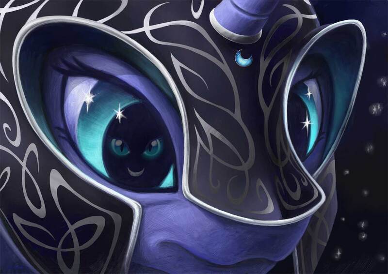 Size: 1403x992 | Tagged: safe, artist:pa-kalsha, derpibooru import, nightmare moon, princess luna, alicorn, pony, bust, close-up, extreme close up, eye reflection, eyes, fanfic art, fanfic cover, female, helmet, mare, portrait, reflection, solo