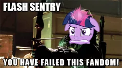 Size: 1000x561 | Tagged: arrow, derpibooru import, implied flash sentry, meme, safe, text, twilight sparkle, you have failed this city