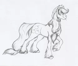 Size: 1024x867 | Tagged: applejack, artist:biakela, derpibooru import, monochrome, raised hoof, safe, simple background, solo, traditional art, unshorn fetlocks