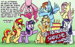 Size: 1024x640 | Tagged: dead source, safe, artist:gretsch1962, derpibooru import, applejack, fluttershy, pinkie pie, rainbow dash, rarity, sunset shimmer, twilight sparkle, twilight sparkle (alicorn), pony, alternate mane seven, bible, bible verse, blushing, cake, christianity, deviantart watermark, mane six, obtrusive watermark, religion, text, watermark