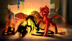 Size: 1920x1080 | Tagged: semi-grimdark, derpibooru import, oc, oc:charred remnant, unofficial characters only, chimera, earth pony, pony, ancient ruins, ash, cutie mark, edgy, fire, skeleton, sunset, temple