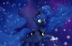 Size: 5512x3512 | Tagged: safe, artist:aurora69rainbow, derpibooru import, princess luna, alicorn, pony, raised hoof, smiling, solo, spread wings, stars, wings