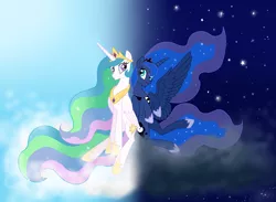 Size: 3048x2236 | Tagged: dead source, safe, artist:aurora69rainbow, derpibooru import, princess celestia, princess luna, alicorn, pony, cloud, duo, royal sisters, sisters, sitting