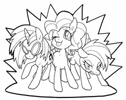 Size: 2048x1632 | Tagged: safe, artist:shiror0r0, derpibooru import, pinkie pie, rainbow dash, vinyl scratch, monochrome