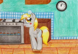 Size: 800x561 | Tagged: safe, artist:nunitko, derpibooru import, derpy hooves, pegasus, pony, blushing, female, jumping, kitchen, mare, muffin, solo, tongue out, traditional art