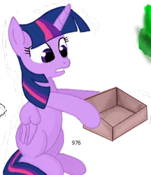 Size: 300x347 | Tagged: safe, artist:woox, derpibooru import, twilight sparkle, twilight sparkle (alicorn), alicorn, pony, box, confused, female, flockmod, frown, hoof hold, mare, open mouth, simple background, sitting, solo, transparent background