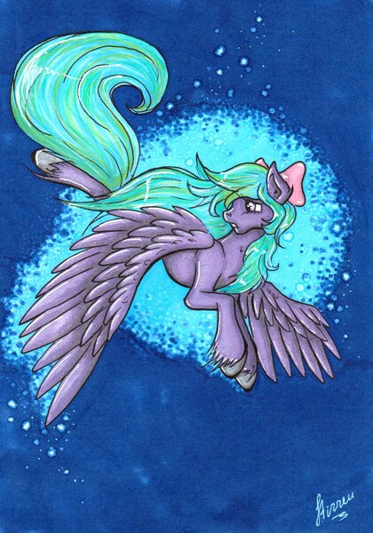 Size: 1435x2048 | Tagged: safe, artist:iwoo34enn, artist:stirren, derpibooru import, flitter, pegasus, pony, abstract background, flying, solo, traditional art, unshorn fetlocks