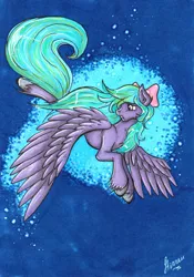 Size: 1435x2048 | Tagged: safe, artist:iwoo34enn, artist:stirren, derpibooru import, flitter, pegasus, pony, abstract background, flying, solo, traditional art, unshorn fetlocks