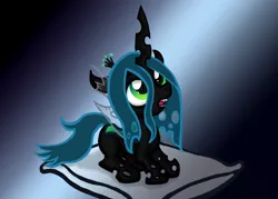 Size: 900x643 | Tagged: artist:mystic2u, changeling, changeling queen, crown, cute, cutealis, derpibooru import, digital art, female, filly, filly queen chrysalis, foal, jewelry, nymph, pillow, prone, queen chrysalis, regalia, safe, solo, younger