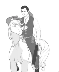 Size: 2500x3000 | Tagged: applejack, artist:tex, derpibooru import, gun, holster, human, humans riding ponies, monochrome, oc, oc:tex, realistic, reins, revolver, safe, shotgun, western