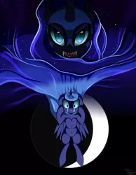 Size: 2160x2777 | Tagged: safe, artist:suziouwabami, derpibooru import, nightmare moon, princess luna, pony, crying, duality, fangs, floppy ears, moon, s1 luna, solo