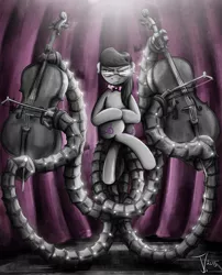 Size: 1008x1250 | Tagged: artist:jamescorck, cello, crossed legs, crossover, derpibooru import, doctor octavia, doctor octopus, frown, glare, glasses, looking at you, musical instrument, octavia melody, otto octavius (marvel comics), safe, solo, spider-man, tentacles