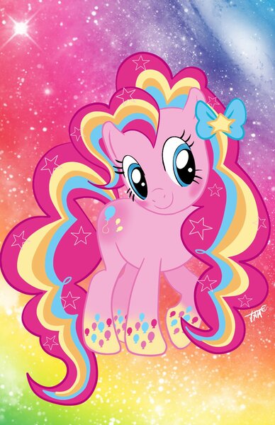 Size: 1024x1583 | Tagged: safe, artist:jamart2013, derpibooru import, pinkie pie, blushing, bow, cute, galaxy, hair bow, rainbow power, solo, stars