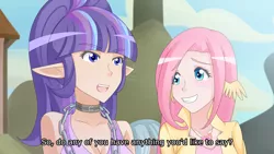 Size: 1280x721 | Tagged: artist:jonfawkes, chains, clothes, collar, derpibooru import, elf ears, fake screencap, fluttershy, human, humanized, safe, scene interpretation, skirt, smiling, starlight glimmer, subtitles, the cutie map, wing ears