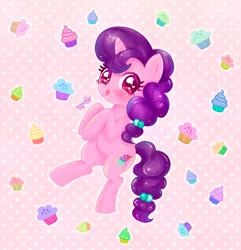 Size: 1024x1061 | Tagged: safe, artist:imoshie, derpibooru import, sugar belle, cupcake, cute, heart eyes, looking at you, muffin, smiling, solo, sugarbetes, tongue out, wingding eyes