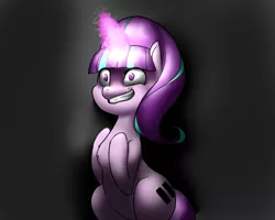 Size: 1000x800 | Tagged: safe, artist:glacierclear, derpibooru import, starlight glimmer, pony, the cutie map, chest fluff, equal cutie mark, female, glowing horn, grin, insanity, magic, mare, sitting, slasher smile, smiling, snaplight glimmer, solo, telekinesis, wide eyes