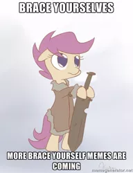 Size: 500x651 | Tagged: artist:alasou, a song of ice and fire, brace yourselves, caption, crossover, derpibooru import, eddard stark, exploitable, exploitable meme, game of thrones, image macro, inception, meme, ponified, safe, scootaloo, solo, winter is coming