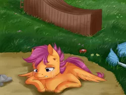 Size: 4000x3000 | Tagged: safe, artist:chiweee, derpibooru import, scootaloo, crying, feels, ramp, sad, scooter, solo