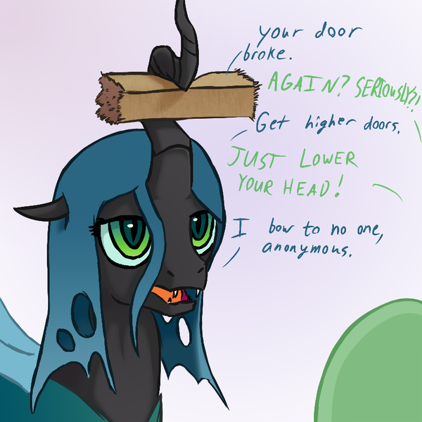 Size: 800x800 | Tagged: artist:adequality, artist:benaspace, artist:whitemaneddragon, changeling, changeling queen, derpibooru import, dialogue, door, fanfic:it's a dangerous business going out your door, female, oc, oc:anon, open mouth, queen chrysalis, safe