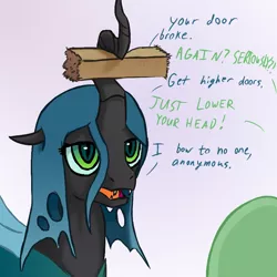 Size: 800x800 | Tagged: artist:adequality, artist:benaspace, artist:whitemaneddragon, changeling, changeling queen, derpibooru import, dialogue, door, fanfic:it's a dangerous business going out your door, female, oc, oc:anon, open mouth, queen chrysalis, safe