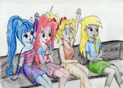 Size: 3456x2472 | Tagged: safe, artist:40kponyguy, derpibooru import, derpy hooves, pinkie pie, sonata dusk, equestria girls, crossover, mihoshi, tenchi muyo, traditional art