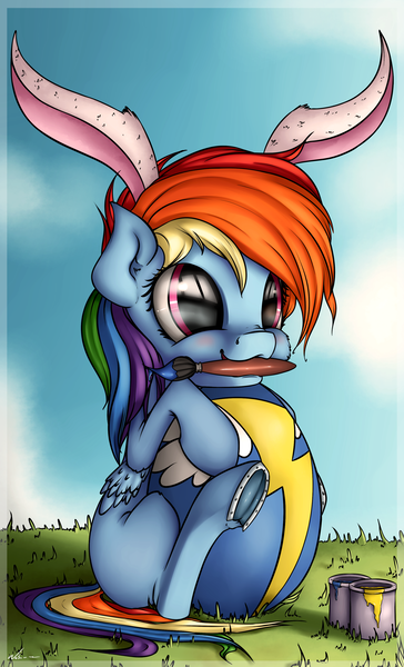 Size: 2082x3435 | Tagged: safe, artist:neko-me, derpibooru import, rainbow dash, bucket, bunny ears, cute, easter, easter egg, egg, filly, filly rainbow dash, horseshoes, mouth hold, paintbrush, solo, underhoof