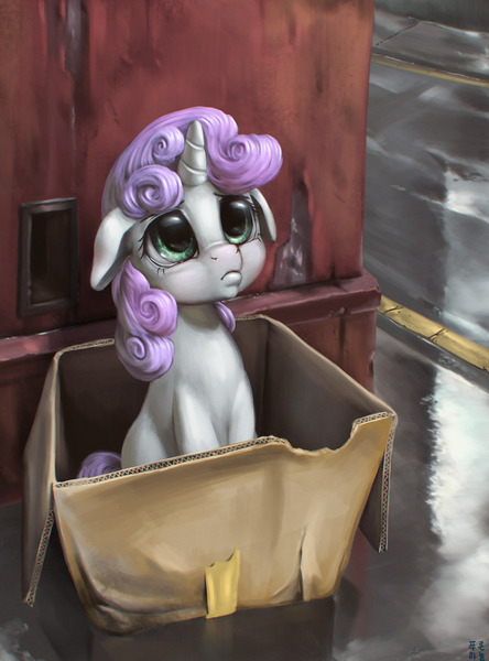 Size: 2164x2924 | Tagged: safe, artist:mrs1989, derpibooru import, sweetie belle, pony, cute, diasweetes, floppy ears, pony in a box, pouting, sad, solo