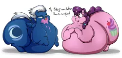 Size: 2273x1069 | Tagged: suggestive, artist:graphenescloset, derpibooru import, night glider, sugar belle, pegasus, pony, unicorn, the cutie map, ass, belly, big belly, chubby cheeks, fat, female, huge butt, impossibly large belly, impossibly large butt, large butt, lesbian, messy, messy eating, morbidly obese, night wider, obese, shipping, sugar belly, sugarglider, tongue out, weight gain