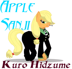 Size: 1649x1575 | Tagged: applejack, artist:killkatt, cigarette, clothes, derpibooru import, one piece, parody, safe, simple background, smoking, solo, text, transparent background, vinsmoke sanji