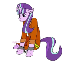 Size: 630x550 | Tagged: safe, artist:fantasyinsanity, derpibooru import, starlight glimmer, semi-anthro, unicorn, chains, clothes, ear fluff, female, floppy ears, mare, pouting, prison outfit, shackles, simple background, sitting, solo, transparent background