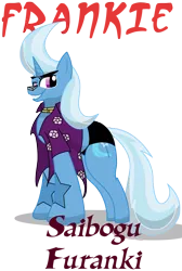 Size: 1275x1902 | Tagged: safe, artist:killkatt, derpibooru import, trixie, pony, unicorn, clothes, female, franky, mare, one piece, parody, simple background, solo, text, transparent background