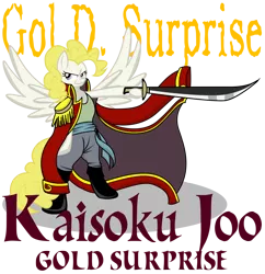 Size: 1600x1650 | Tagged: safe, artist:killkatt, derpibooru import, surprise, pony, bipedal, clothes, gol d roger, gold roger, one piece, parody, simple background, solo, spread wings, sword, text, transparent background, weapon