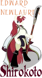 Size: 1275x2354 | Tagged: safe, artist:killkatt, derpibooru import, oc, oc:fausticorn, unofficial characters only, pony, bipedal, clothes, edward newgate, hoof hold, lauren faust, naginata, one piece, parody, simple background, solo, text, transparent background, whitebeard