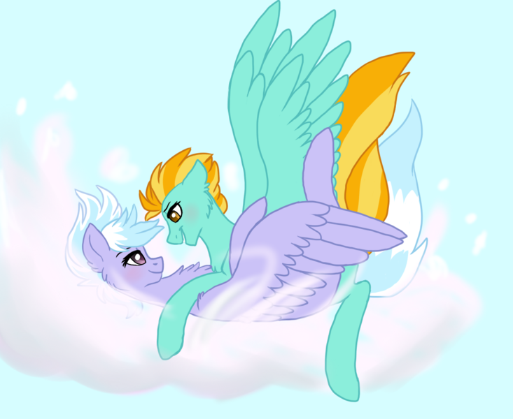 Size: 1100x900 | Tagged: safe, artist:silcybell, deleted from derpibooru, derpibooru import, cloudchaser, lightning dust, pegasus, pony, chest fluff, cloud, cloudy, ear fluff, female, lesbian, lightningchaser, mare, shipping, wingboner