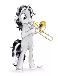 Size: 691x903 | Tagged: safe, artist:theflyingmagpie, derpibooru import, oc, oc:minor sax, unofficial characters only, pony, bipedal, solo, traditional art, trombone