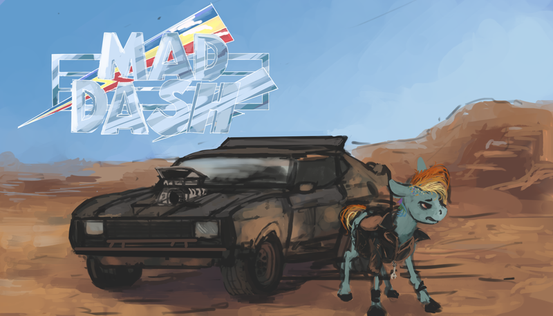 Size: 1800x1029 | Tagged: safe, artist:celestiawept, derpibooru import, rainbow dash, pegasus, pony, car, clothes, crossover, desert, ford, ford falcon, interceptor, jacket, last of the v8s, looking away, mad max, solo, supercharger