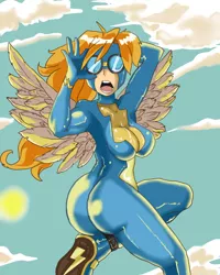 Size: 600x750 | Tagged: artist:dragons4life, breasts, busty spitfire, derpibooru import, female, goggles, human, humanized, looking at you, skintight clothes, sky background, solo, solo female, spitfire, stupid sexy spitfire, suggestive, sun, winged humanization, wings, wonderbolts uniform