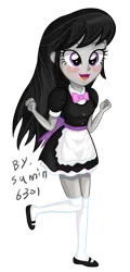 Size: 1002x2087 | Tagged: safe, artist:sumin6301, derpibooru import, octavia melody, equestria girls, apron, blushing, bowtie, clothes, maid, solo, stockings