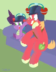 Size: 500x642 | Tagged: safe, artist:coggler, derpibooru import, big macintosh, spike, earth pony, pony, the cutie map, colored pupils, drinking hat, duo, gem helmet, hat, helmet, hoofball, male, sitting, stallion