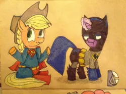 Size: 960x716 | Tagged: applejack, artist:archyart, batman, crossover, dc comics, derpibooru import, i dunno lol, safe, scrunchy face, superman, traditional art, twilight sparkle