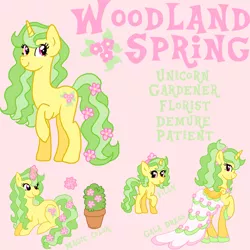 Size: 3000x3000 | Tagged: safe, artist:princess-madeleine, derpibooru import, oc, oc:woodland spring, unofficial characters only, pony, unicorn, clothes, cutie mark, dress, female, filly, flower, gala, gala dress, grand galloping gala, reference sheet