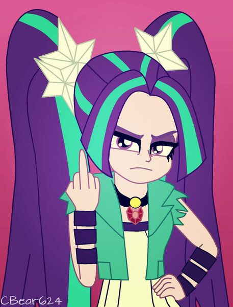 Size: 600x787 | Tagged: safe, artist:cbear624, derpibooru import, aria blaze, equestria girls, rainbow rocks, female, fuck you, gem, middle finger, pigtails, siren gem, solo, twintails, vulgar