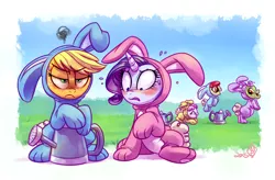 Size: 1750x1150 | Tagged: safe, artist:whitediamonds, derpibooru import, apple bloom, applejack, granny smith, rarity, sweetie belle, earth pony, pony, unicorn, family appreciation day, adorabloom, applejack is not amused, bunny belle, bunny bloom, bunny costume, bunnyjack, clothes, cute, diasweetes, easter, embarrassed, female, grumpy, jackabetes, lesbian, mare, open mouth, raribetes, rarijack, rarijack daily, shipping, sweat, this will end in angry countryisms, unamused