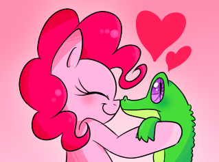 Size: 319x237 | Tagged: artist:vdru7, boop, cute, derpibooru import, diapinkes, eyes closed, gummy, gummybetes, heart, noseboop, pinkie pie, pixiv, profile, safe, solo