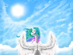 Size: 1600x1200 | Tagged: safe, artist:ablm, derpibooru import, princess celestia, cloud, cloudy, eyes closed, rear view, solo, spread wings, sun