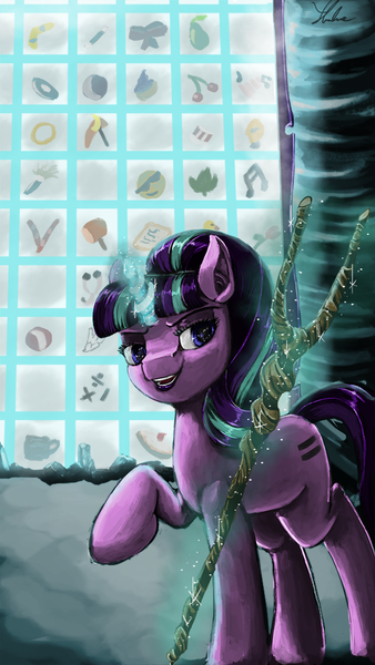 Size: 563x1000 | Tagged: artist:xenstroke, cutie mark vault, derpibooru import, magic, raised hoof, s5 starlight, safe, solo, staff, staff of sameness, starlight glimmer, telekinesis, the cutie map