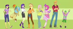 Size: 2000x804 | Tagged: applejack, artist:lizziedakittie, bandana, belly button, big macintosh, chaps, clothes, converse, derpibooru import, fluttershy, horned humanization, human, humanized, leg warmers, line-up, mane seven, mane six, midriff, pinkie pie, rabbit, rainbow dash, rarity, safe, scarf, skirt, spike, tanktop, twilight sparkle, winged humanization